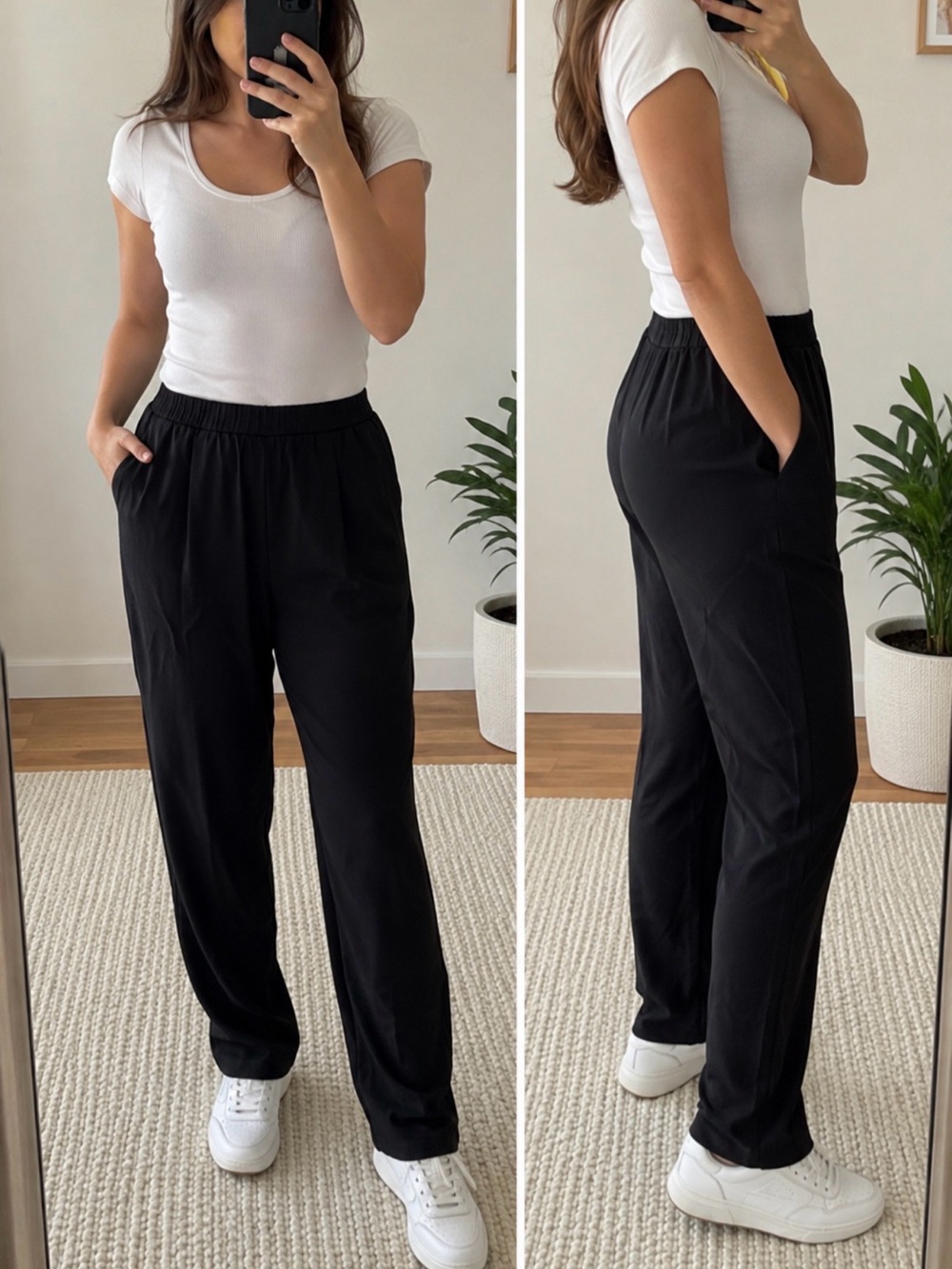 Eileen Fisher Black Silk Crepe Pull-On Pants Elastic Waist Pockets XS